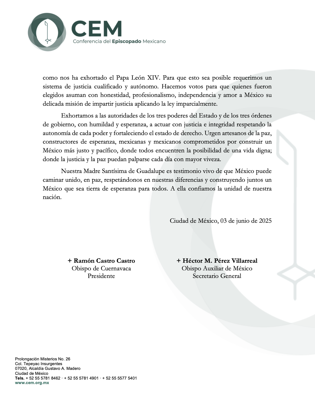 Prot. No. 257/25 COMUNICADO DEL EPISCOPADO MEXICANO «EN LA JUSTICIA Y LA VERDAD, ENCONTRAMOS LA PAZ» 2